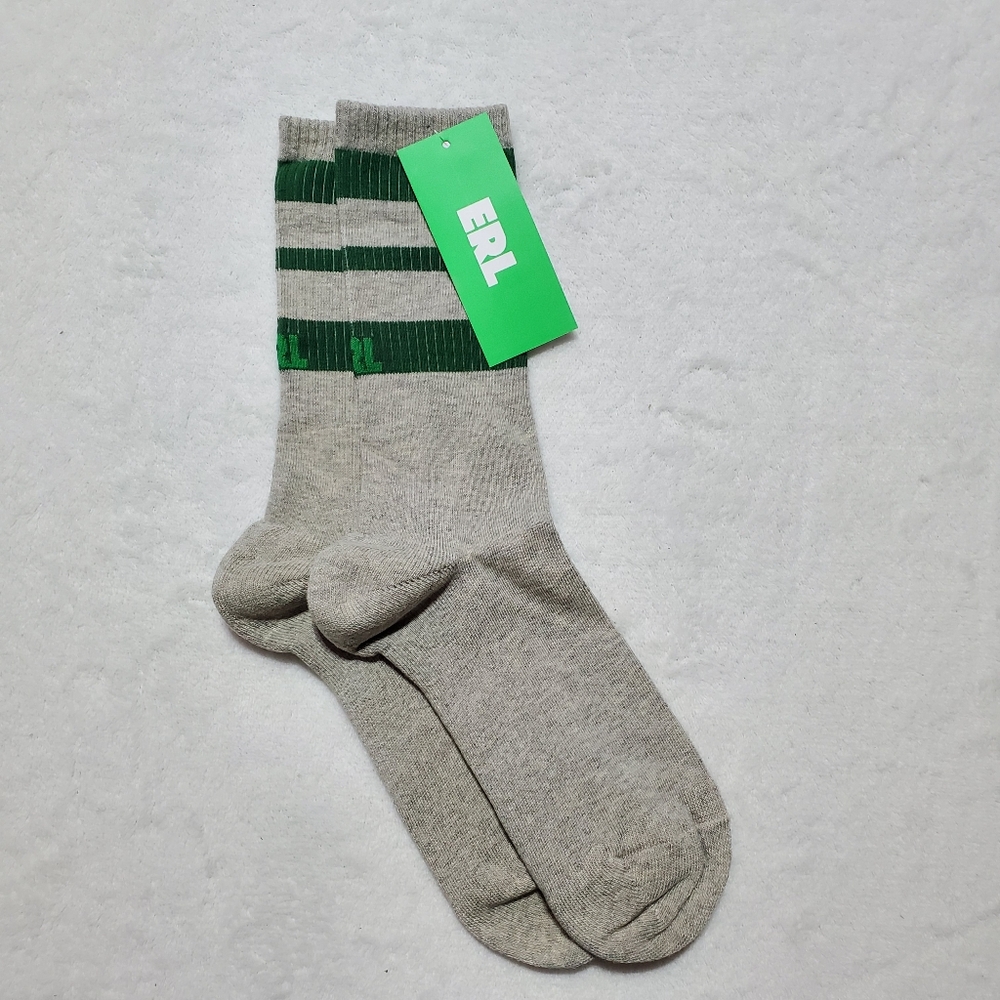 NWT Unisex ERL Logo Crew Gray and Green Striped Socks Sz M